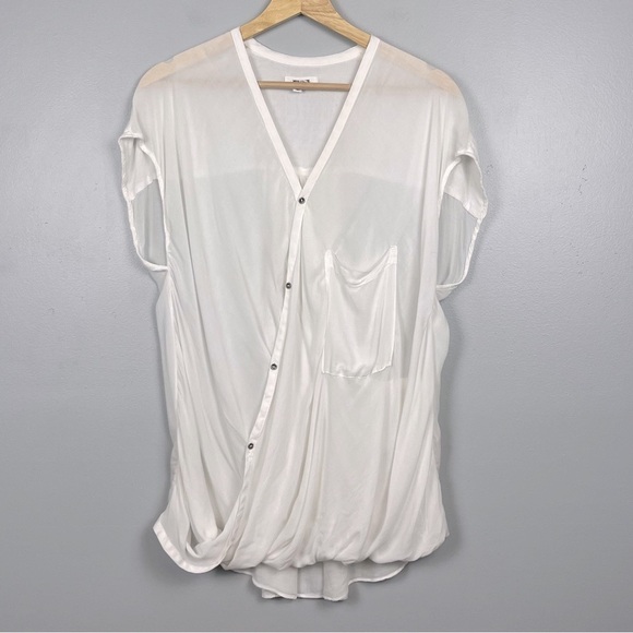 Helmet Lang white 100% viscose sheer drape front button blouse top, medium. - Picture 1 of 9